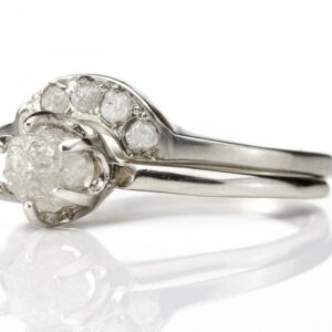 White Diamond Ring Set 14K White Gold - Classic Solitaire Ring - Rough Diamond Ring with Matching Band - Raw Uncut Diamonds