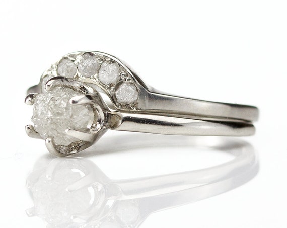 White Diamond Ring Set 14k White Gold - Classic Solitaire Ring - Rough Diamond Ring With Matching Band - Raw Uncut Diamonds White Diamond Ring Set 14k White Gold - Classic Solitaire Ring - Rough Diamond Ring With Matching Band - Raw Uncut Diamonds