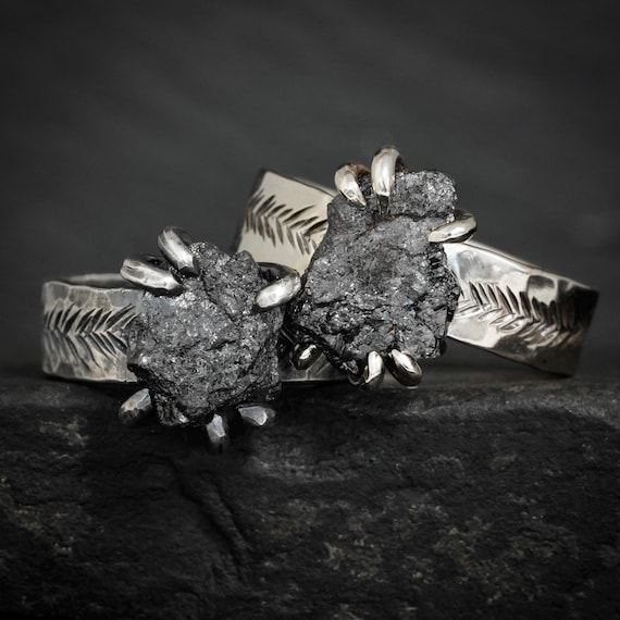Wide Raw Black Diamond Ring. Rough Rustic Organic Black Diamond Engagement Ring. Black Diamond Mens Engagement Ring. Diamond Mens Ring