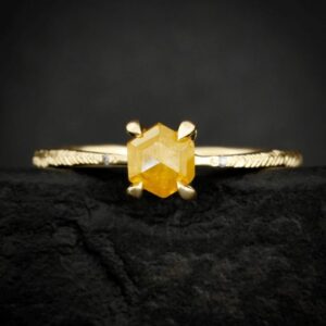 Yellow Hexagon Diamond Engagement Ring. RTS US size 6. Yellow Geometric Diamond eMeraki Feather Textured Engraved Elongated Engagement Ring Yellow Hexagon Diamond Engagement Ring. RTS US size 6. Yellow Geometric Diamond eMeraki Feather Textured Engraved Elongated Engagement Ring