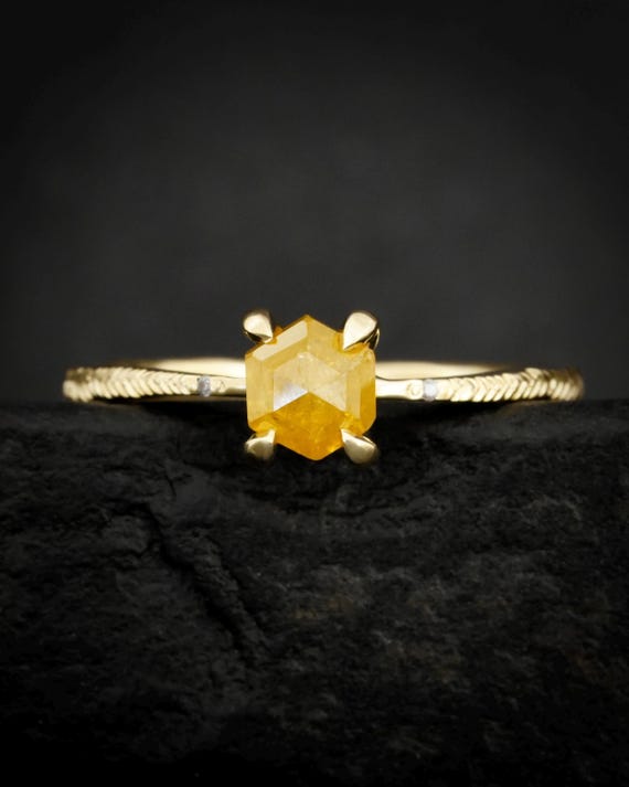 Yellow Hexagon Diamond Engagement Ring. Rts Us Size 6. Yellow Geometric Diamond Emeraki Feather Textured Engraved Elongated Engagement Ring Yellow Hexagon Diamond Engagement Ring. Rts Us Size 6. Yellow Geometric Diamond Emeraki Feather Textured Engraved Elongated Engagement Ring