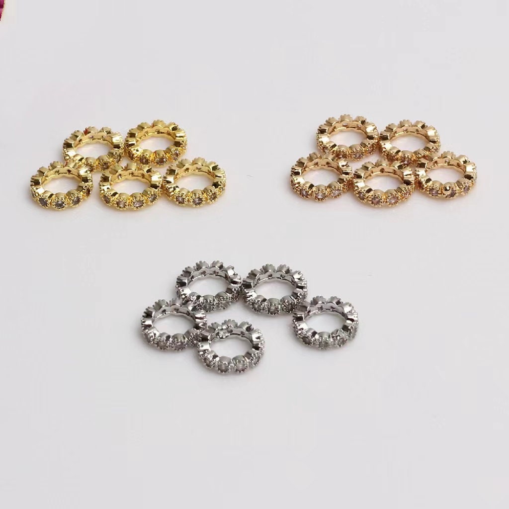 14k Gold Plated Big Hole Diamond Rings Beads, Micro Inlay Rondelle Spacer Beads,10 Beads