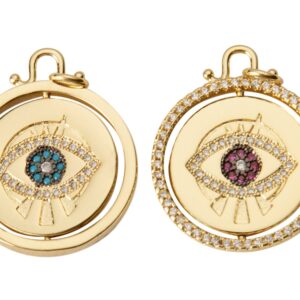 1 pc 18k Gold  Coin Evil Eye Charm Diamond CZ Drop Charm Cubic Protector- Spinning Middle Piece - 21mm- 1 pc per order