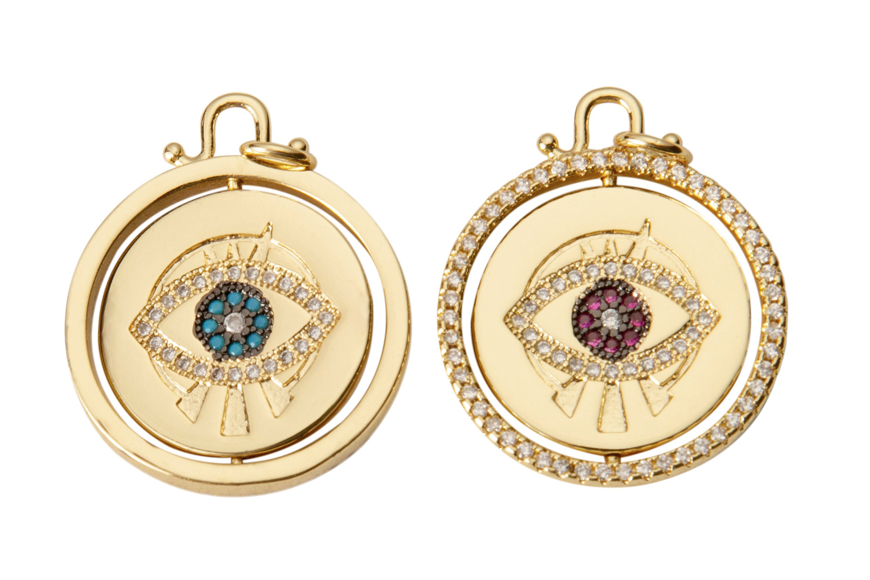 1 Pc 18k Gold Coin Evil Eye Charm Diamond Cz Drop Charm Cubic Protector- Spinning Middle Piece - 21mm- 1 Pc Per Order 1 Pc 18k Gold Coin Evil Eye Charm Diamond Cz Drop Charm Cubic Protector- Spinning Middle Piece - 21mm- 1 Pc Per Order