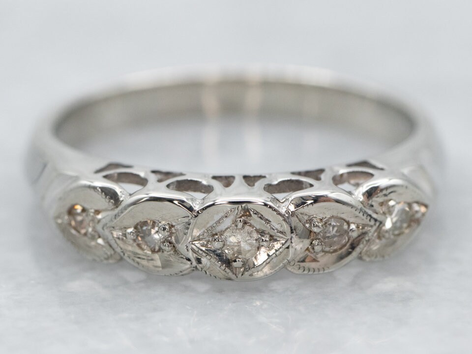 Vintage 14k White Gold Diamond Heart Band, Size 5.75