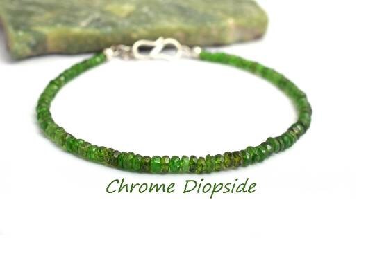 Chrome Diopside Bracelet • Sterling Silver Beaded Bracelet • Dainty Green Gemstone Jewelry • Handmade Gift For Her