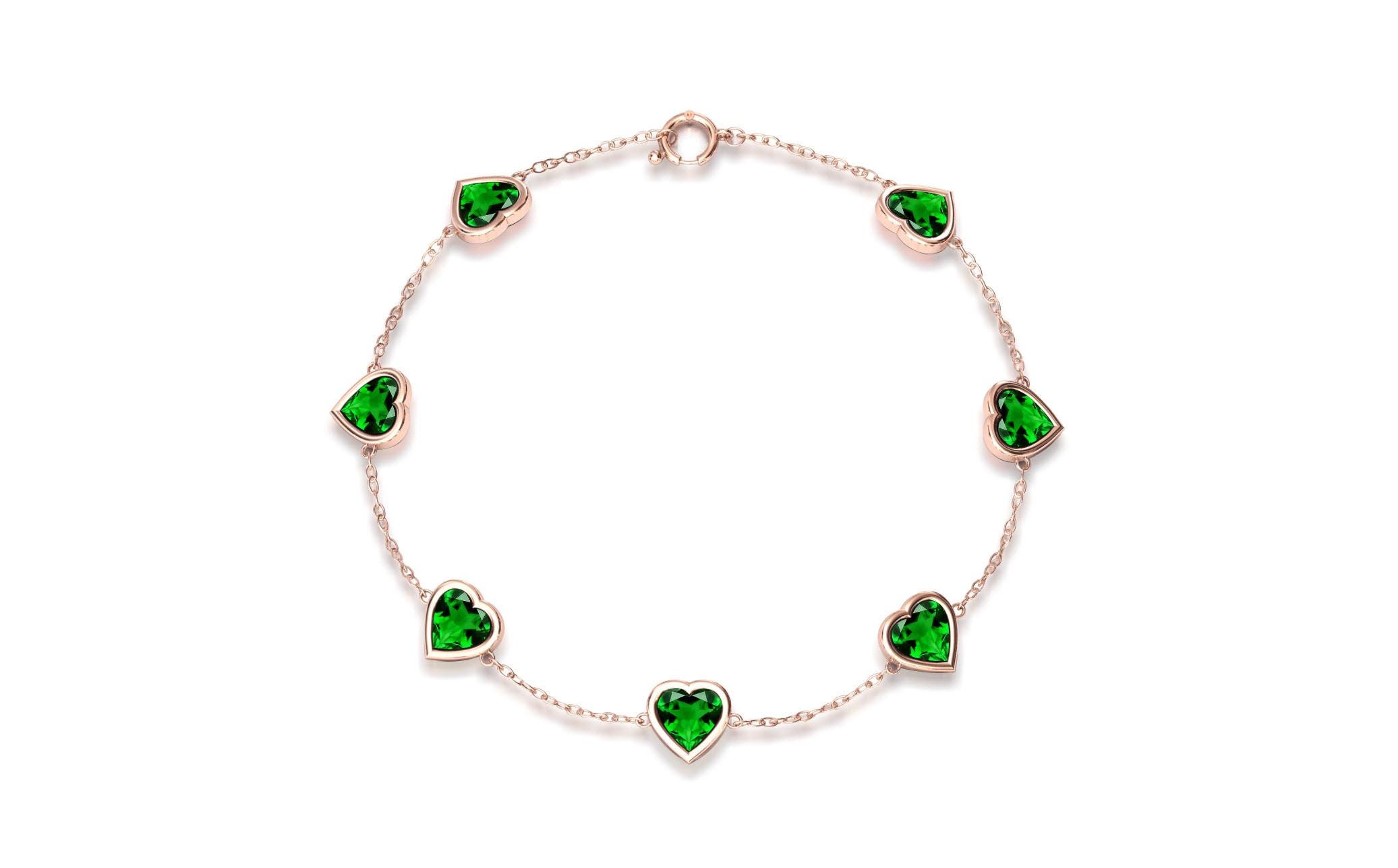 Dainty Gold Chrome Diopside Bracelet 925 Silver Chain Bracelet For Women Green Crystal Heart Bracelet Delicate Gold Charm Bracelet For Gift