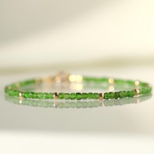 Genuine Chrome Diopside 14k Gold Filled, Natural Chrome Diopside, Delicate Cube 2mm Bead Bracelet, Rich Green Color Jewelry, Womens Bracelet