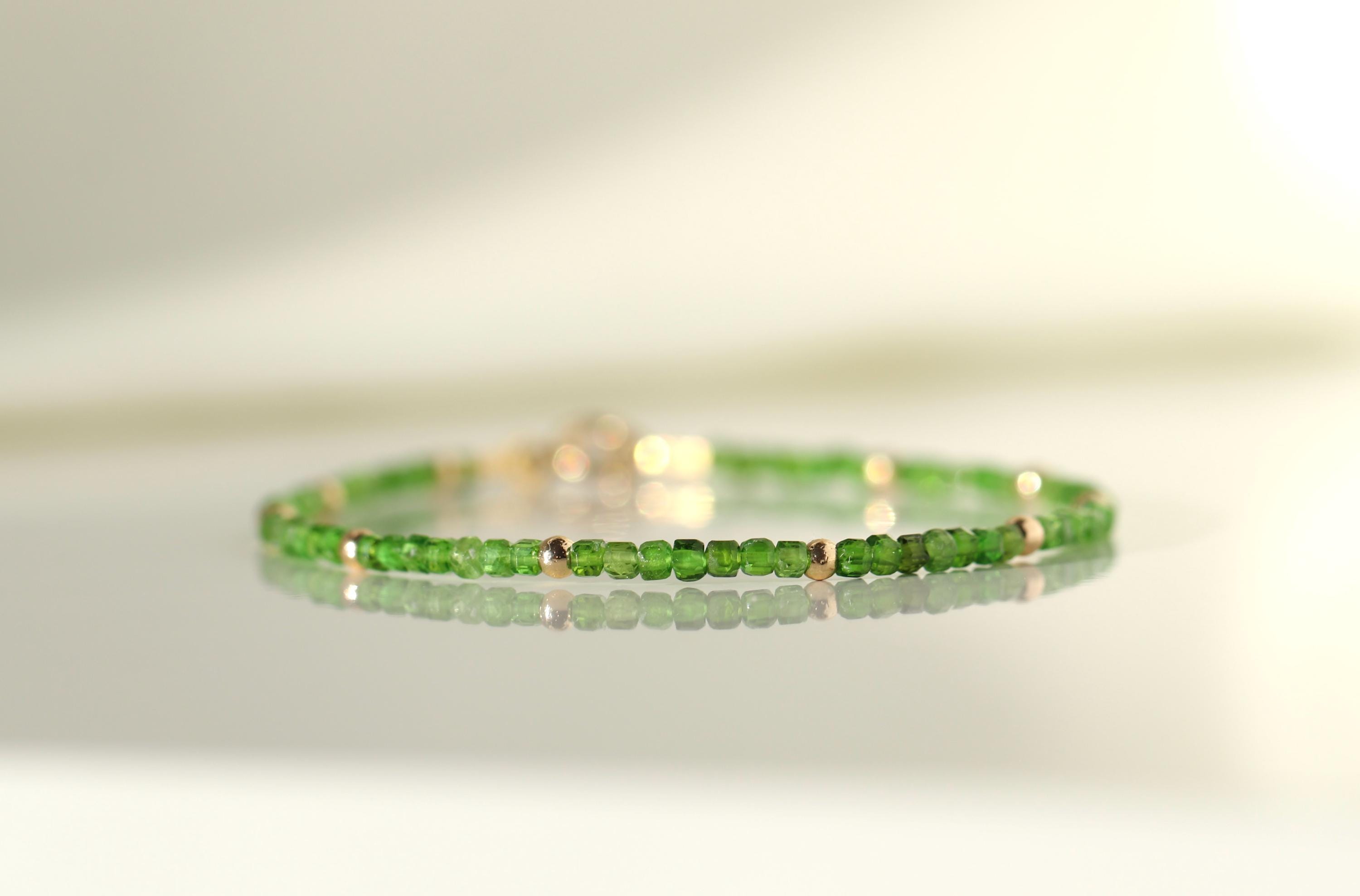 Genuine Chrome Diopside 14k Gold Filled, Natural Chrome Diopside, Delicate Cube 2mm Bead Bracelet, Rich Green Color Jewelry, Womens Bracelet
