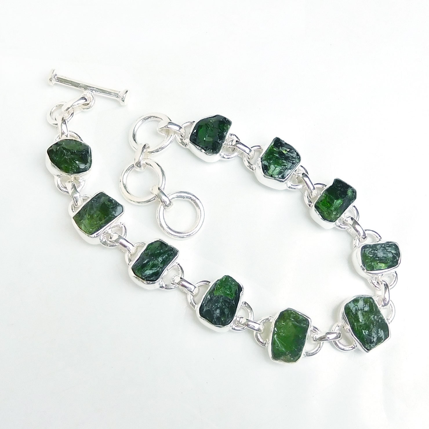 Handmade Sterling Silver Raw Chrome Diopside Crystal Bracelet