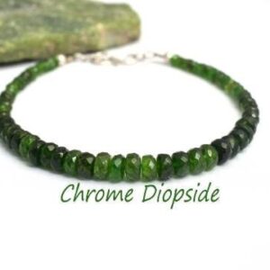 Natural Chrome Diopside Bracelet • 925 Sterling Silver Dainty Gemstone Jewelry • Green Stone Beaded Bracelet • Gift for Her