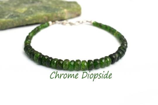 Natural Chrome Diopside Bracelet • 925 Sterling Silver Dainty Gemstone Jewelry • Green Stone Beaded Bracelet • Gift For Her