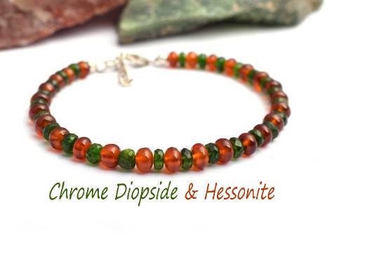 Natural Hessonite And Chrome Diopside Bracelet In 925 Sterling Silver, Dainty, Faceted  Gemstone Bracelet, Stack Bracelet, Bracelet, Gift