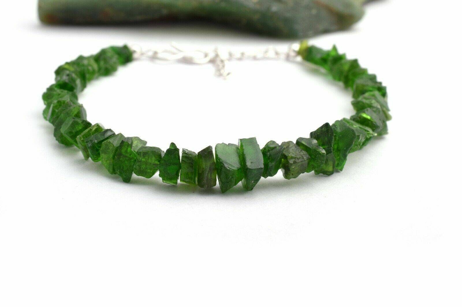 Natural Raw Chrome Diopside Bracelet In 925 Sterling Silver, Dainty, Rough Gemstone Bracelet, Green Rough, Uncut Stone Bracelet, Gift Her