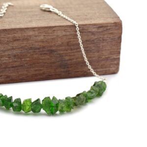Raw Chrome Diopside Bracelet • Sterling Silver Rough Gemstone Jewelry • Dainty Uncut Green Stone Bracelet • Handmade Gift for Her