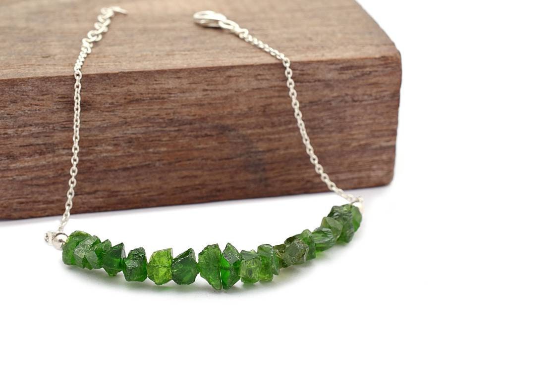 Raw Chrome Diopside Bracelet • Sterling Silver Rough Gemstone Jewelry • Dainty Uncut Green Stone Bracelet • Handmade Gift For Her