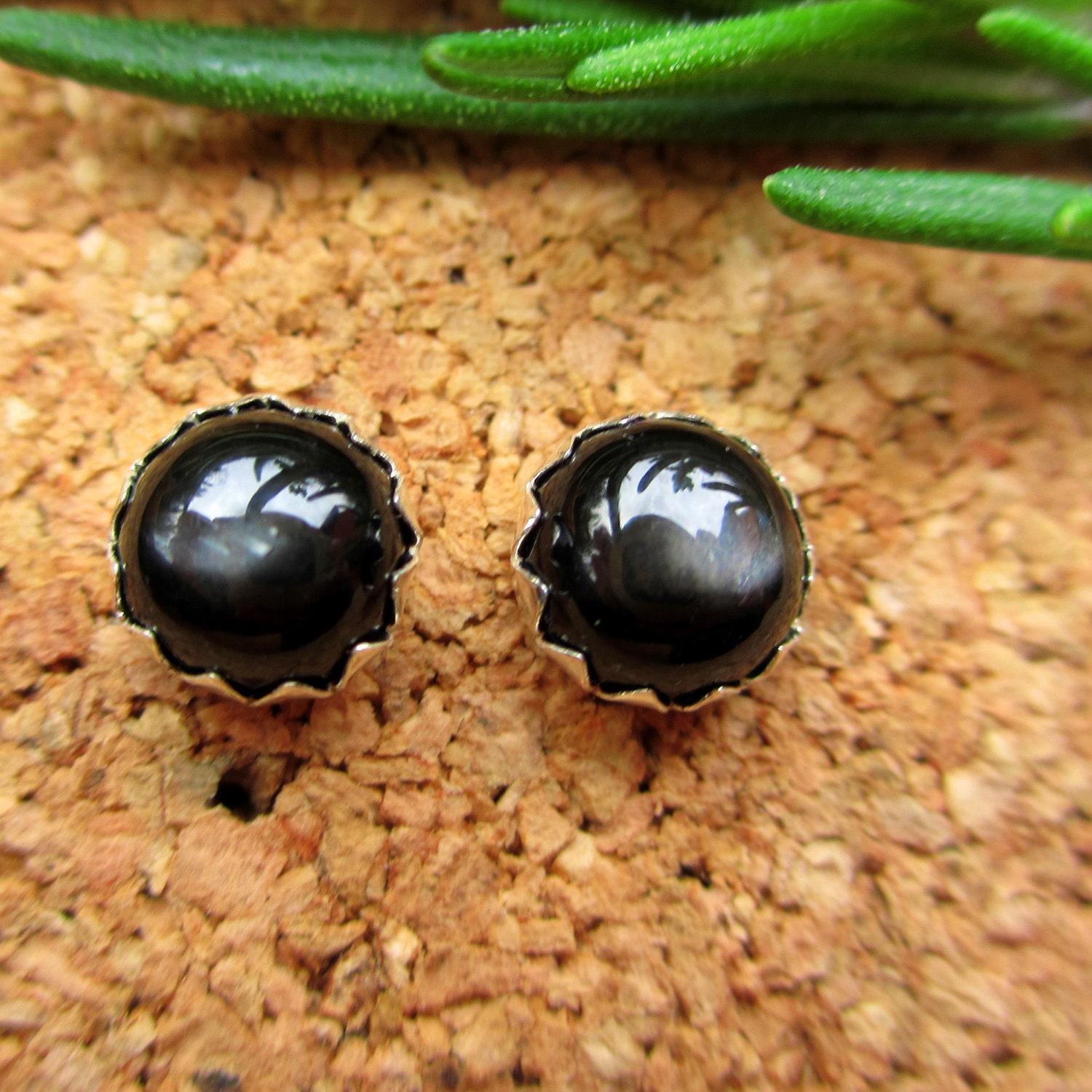 Black Star Diopside Cabochon Studs, 14k Gold Stud Earrings Or Sterling Silver Studs - 4mm, 6mm Low Profile Serrated Or Crown Earrings Black Star Diopside Cabochon Studs, 14k Gold Stud Earrings Or Sterling Silver Studs - 4mm, 6mm Low Profile Serrated Or Crown Earrings