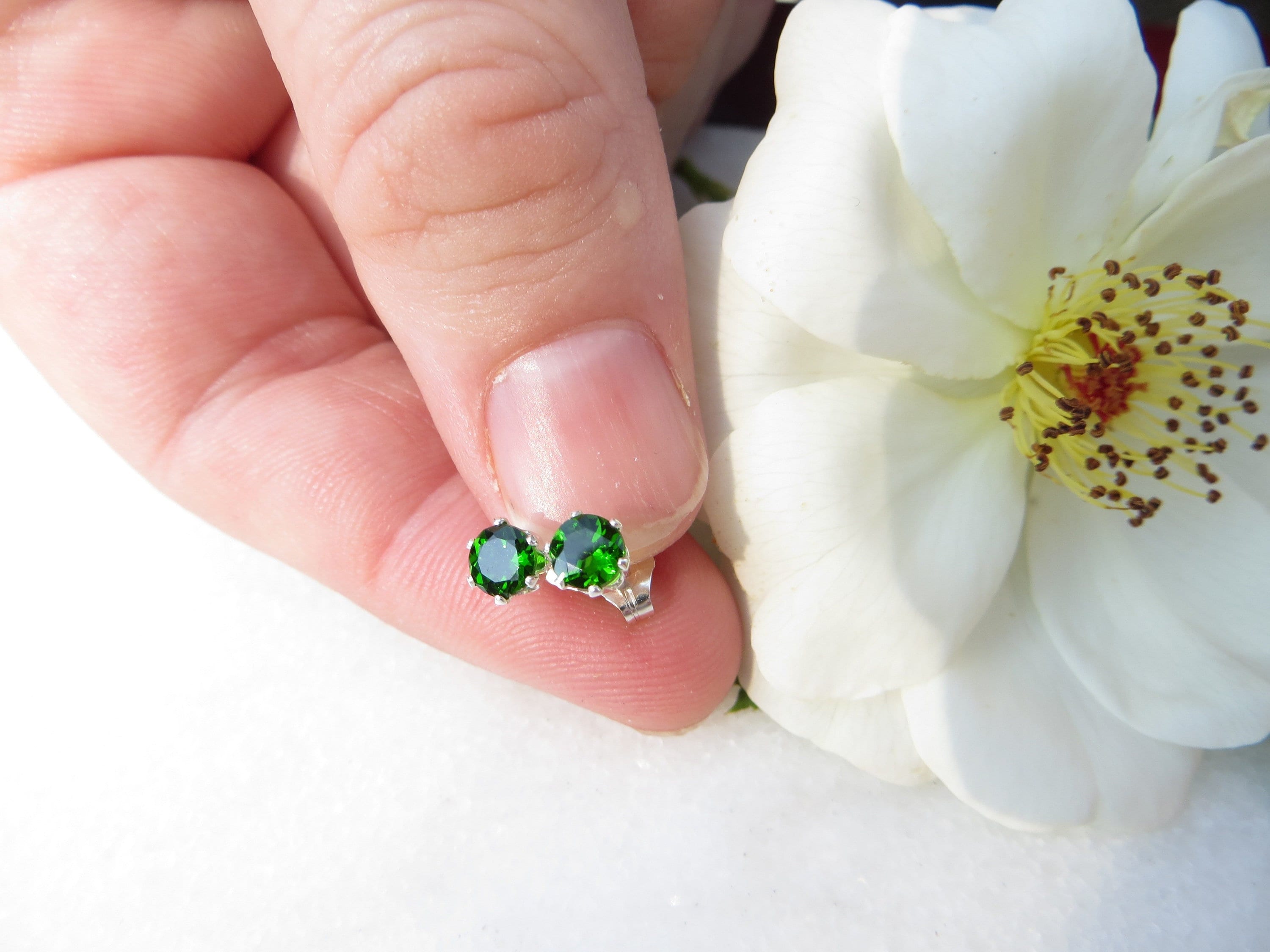 Chrome Diopside Sterling Silver Studs, Forest Green Gemstone Earrings