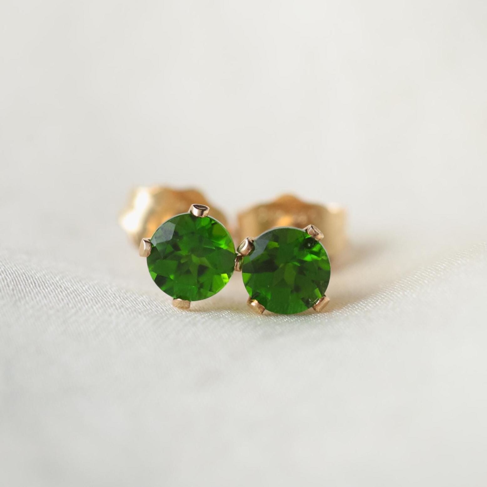 Chrome Diopside Stud Earrings, Green Gemstone Studs, 4mm Gold Filled Earrings, Sterling Silver Studs, Solid 14k Gold, May Birthstone