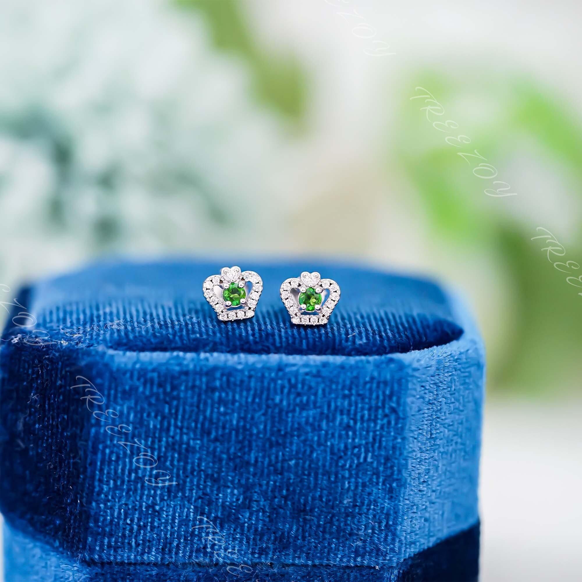 Chrome Diopside Stud Earrings: Handmade Sterling Silver, Green Gemstone