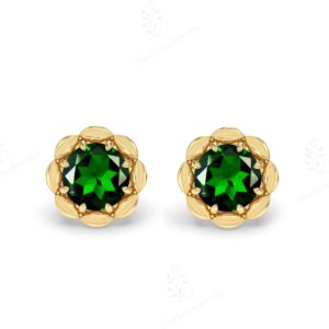 Chrome Diopside Studs Earrings For Women 14k Gold Diopside Studs Art Deco Floral Design Diopside Studs Unique Minimalist Studs Earrings