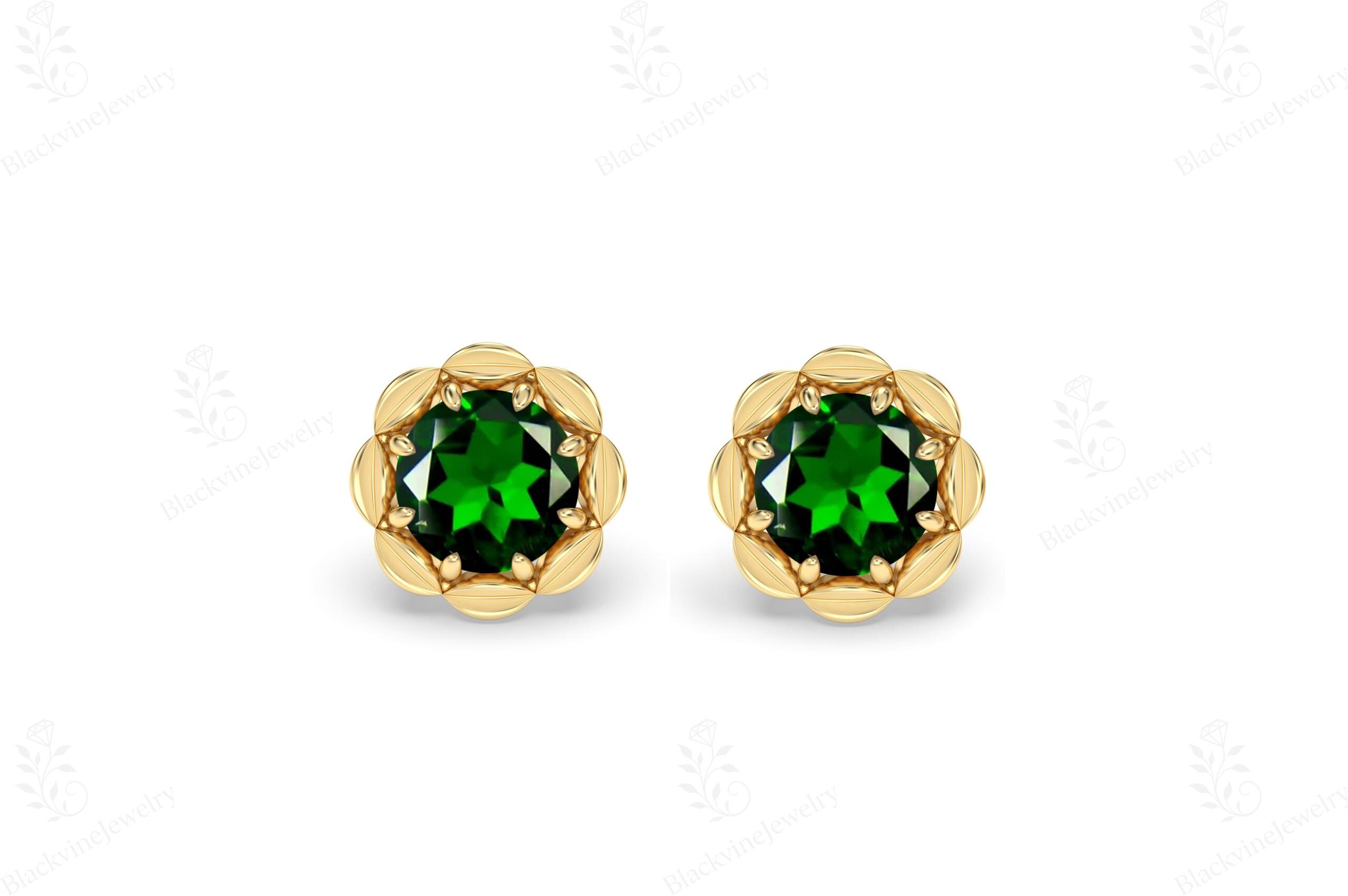 Chrome Diopside Studs Earrings For Women 14k Gold Diopside Studs Art Deco Floral Design Diopside Studs Unique Minimalist Studs Earrings
