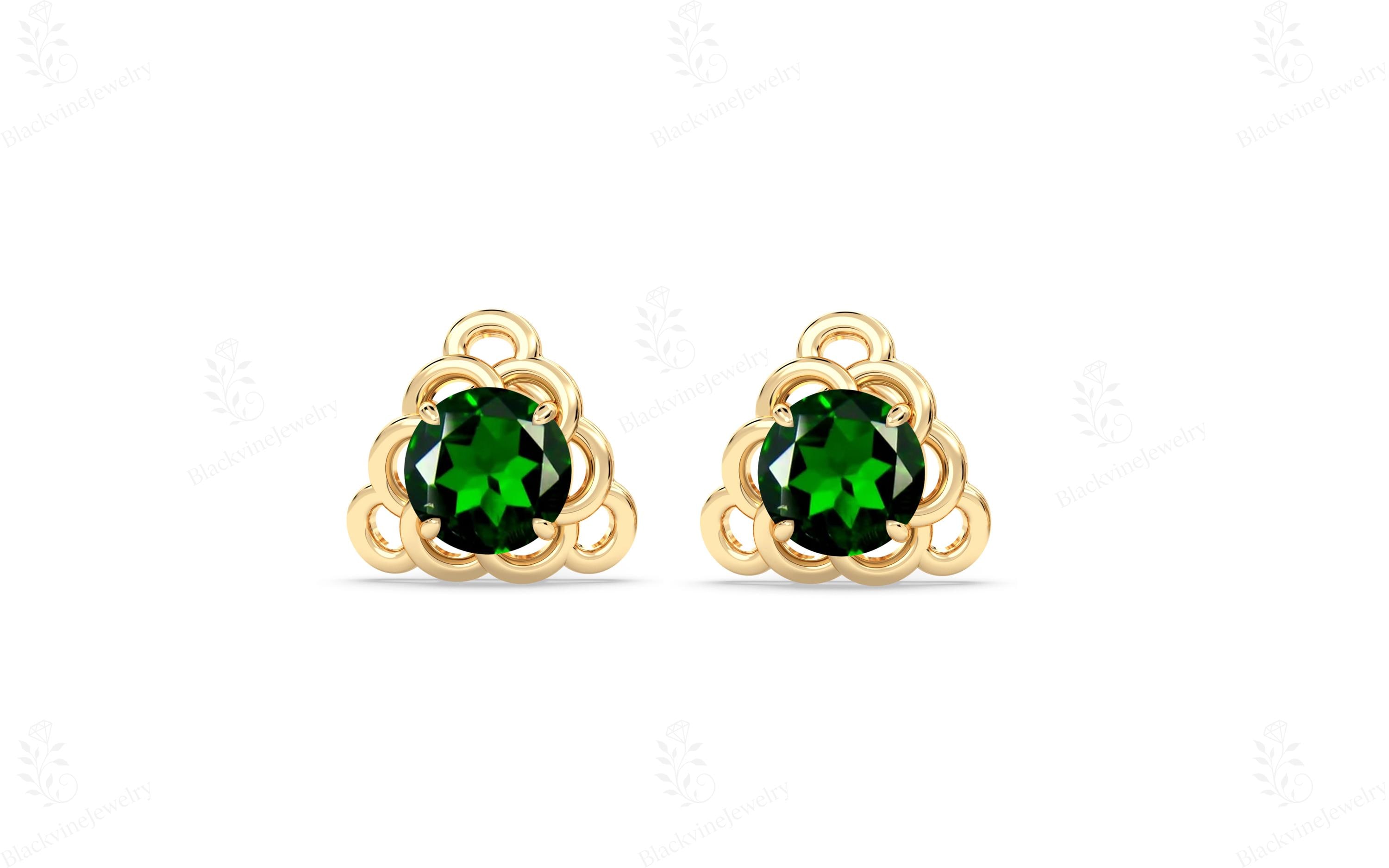 Chrome Diopside Studs Earrings For Women 14k Gold Diopside Studs Earrings Unique Filigree Style Studs Art Deco Minimalist Studs Wedding Gift