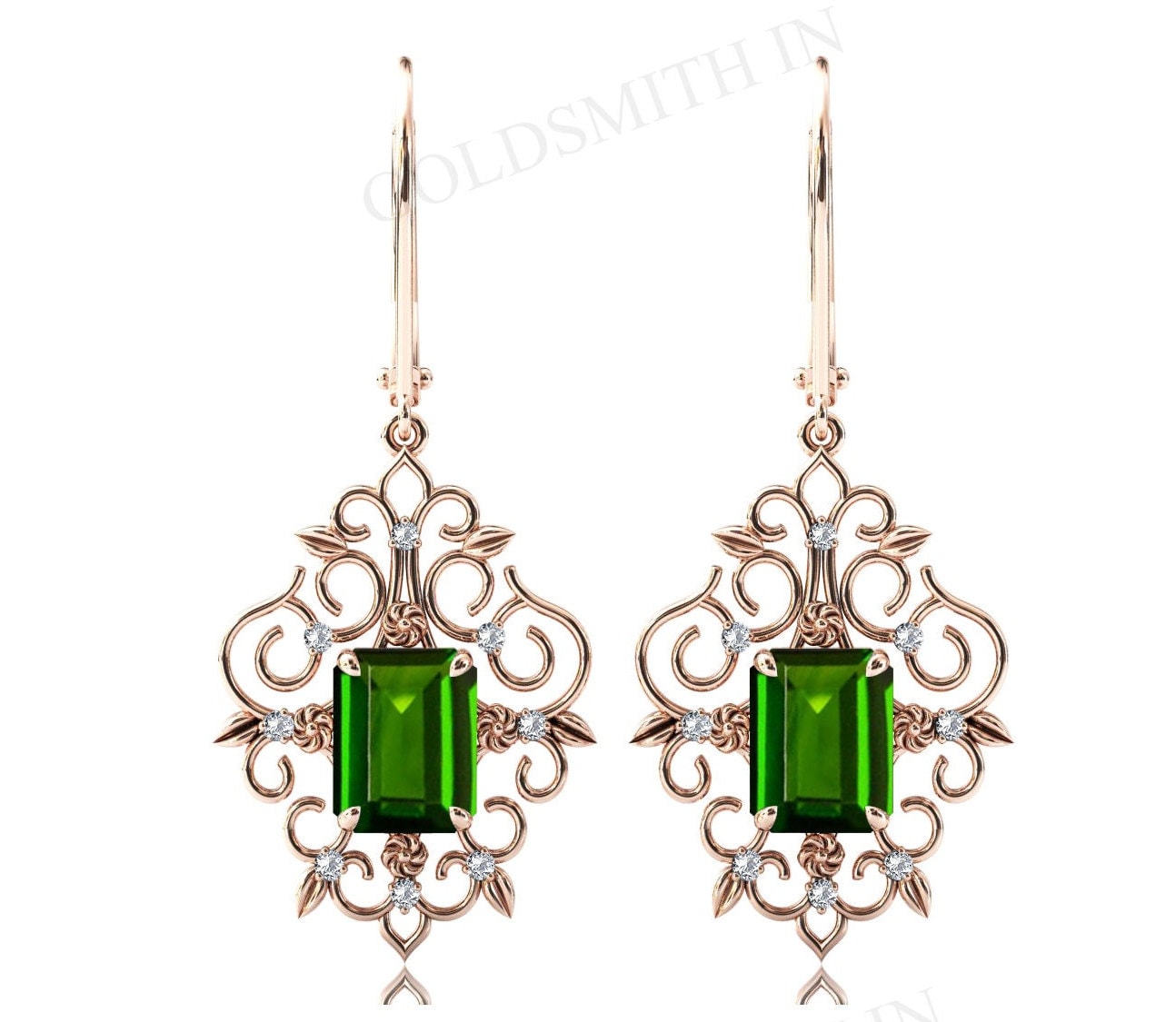 Emerald Shaped Chrome Diopside Earrings For Women Wedding Earring Antique Filigree Style Bridal Earring Dangle Drop Earring Anniversary Gift