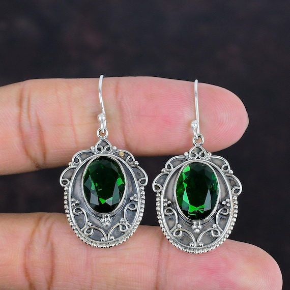Faceted Chrome Diopside Earrings: Handmade Sterling Silver Vintage Jewelry