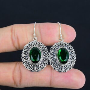 Faceted Chrome Diopside Earrings: Handmade 925 Sterling Silver Vintage Jewelry
