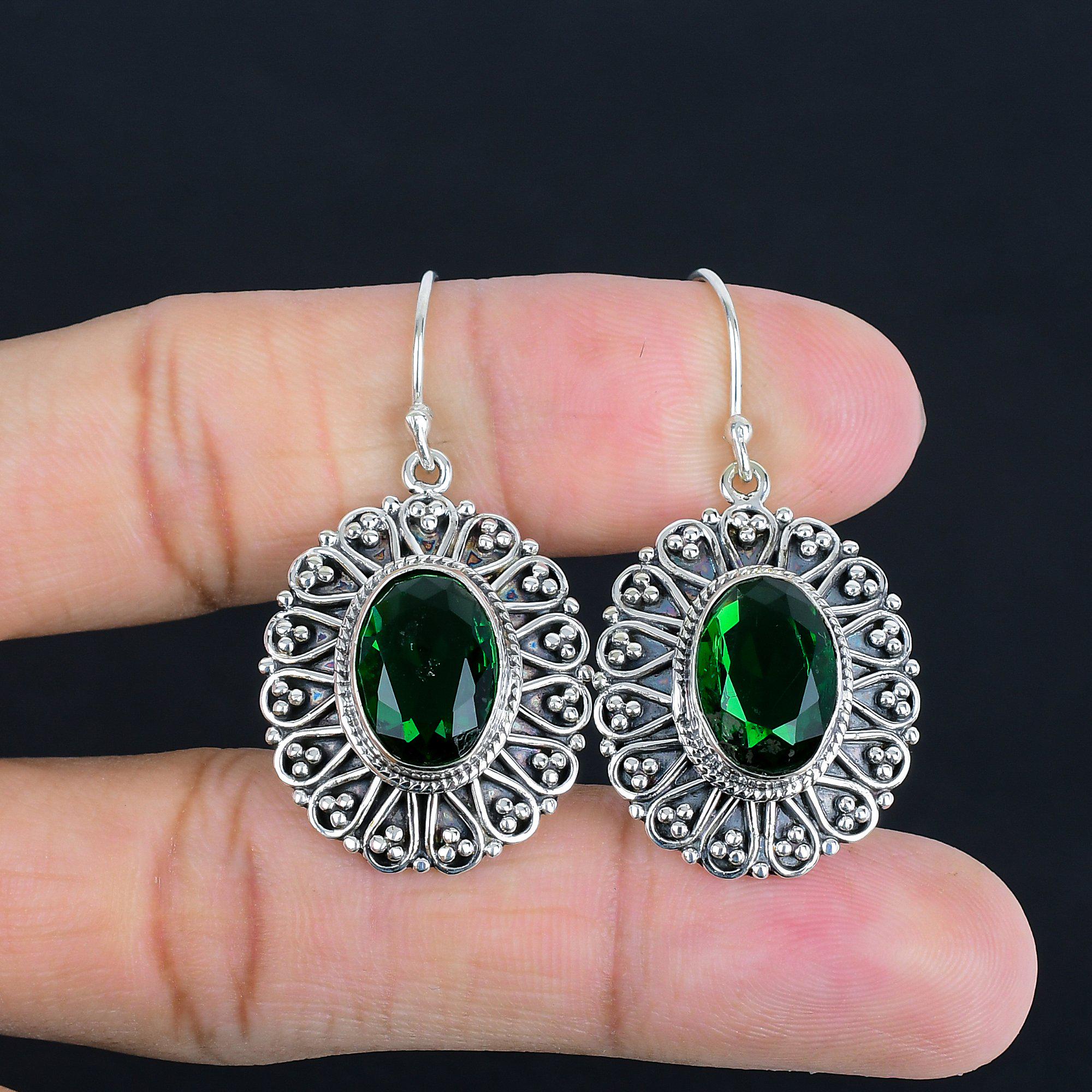 Faceted Chrome Diopside Earrings: Handmade 925 Sterling Silver Vintage Jewelry