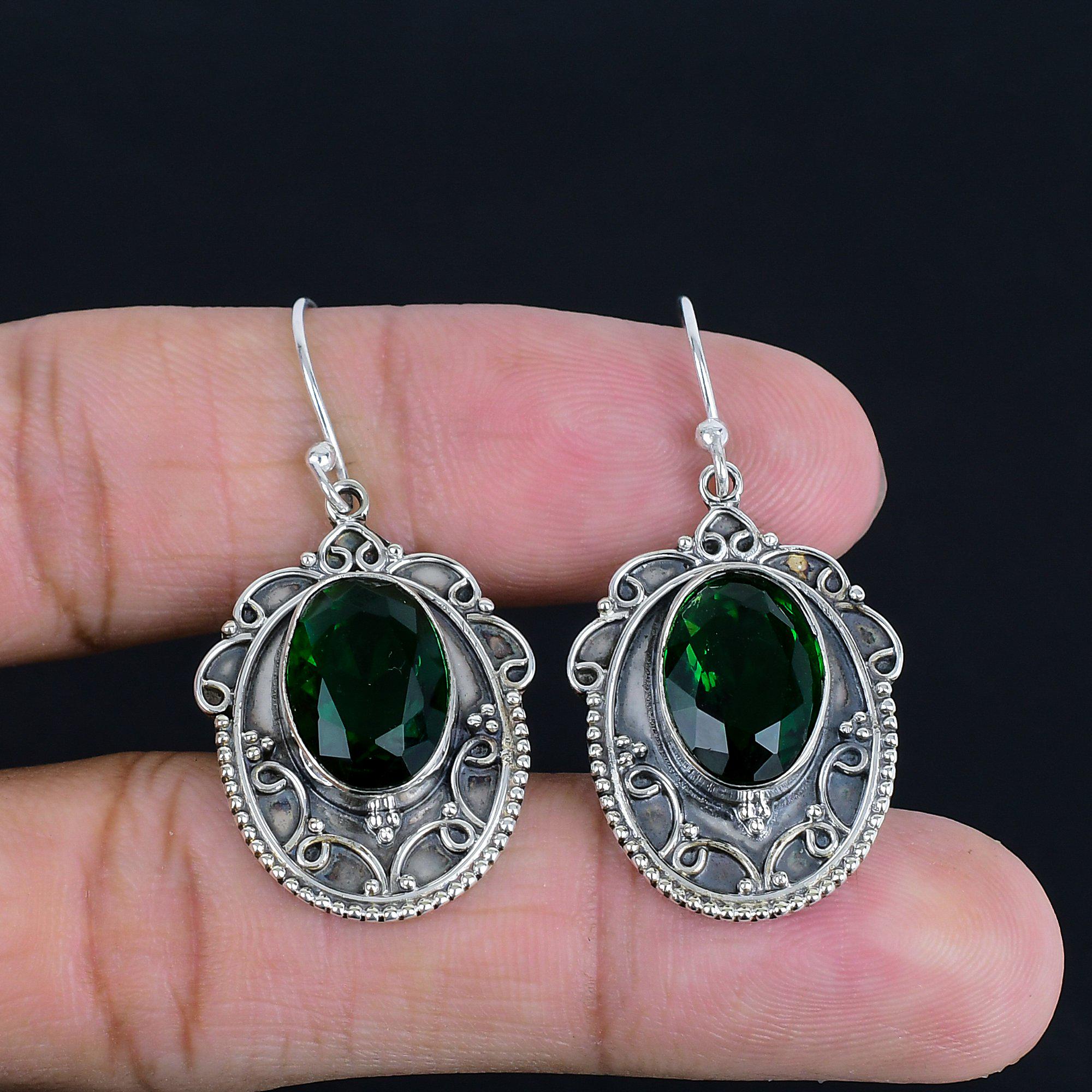 Faceted Chrome Diopside Earrings: Vintage 925 Sterling Silver Drop Earrings