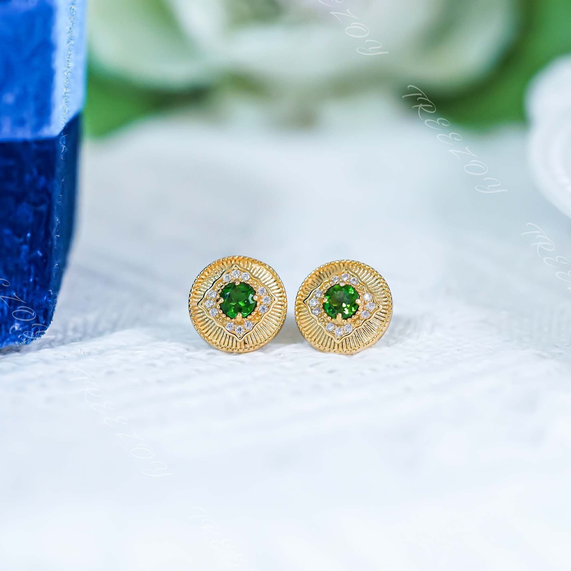 Handmade Chrome Diopside Stud Earrings: 18k Gold Plated Sterling Silver
