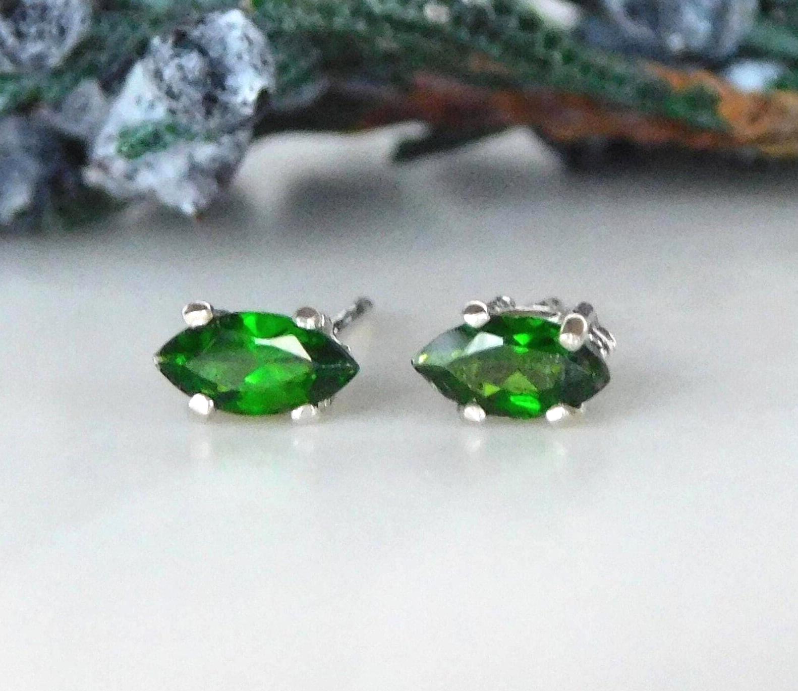Natural Chrome Diopside 6x3mm Stud Earrings: Second Hole Studs, Sterling Silver Natural Chrome Diopside 6x3mm Stud Earrings: Second Hole Studs, Sterling Silver