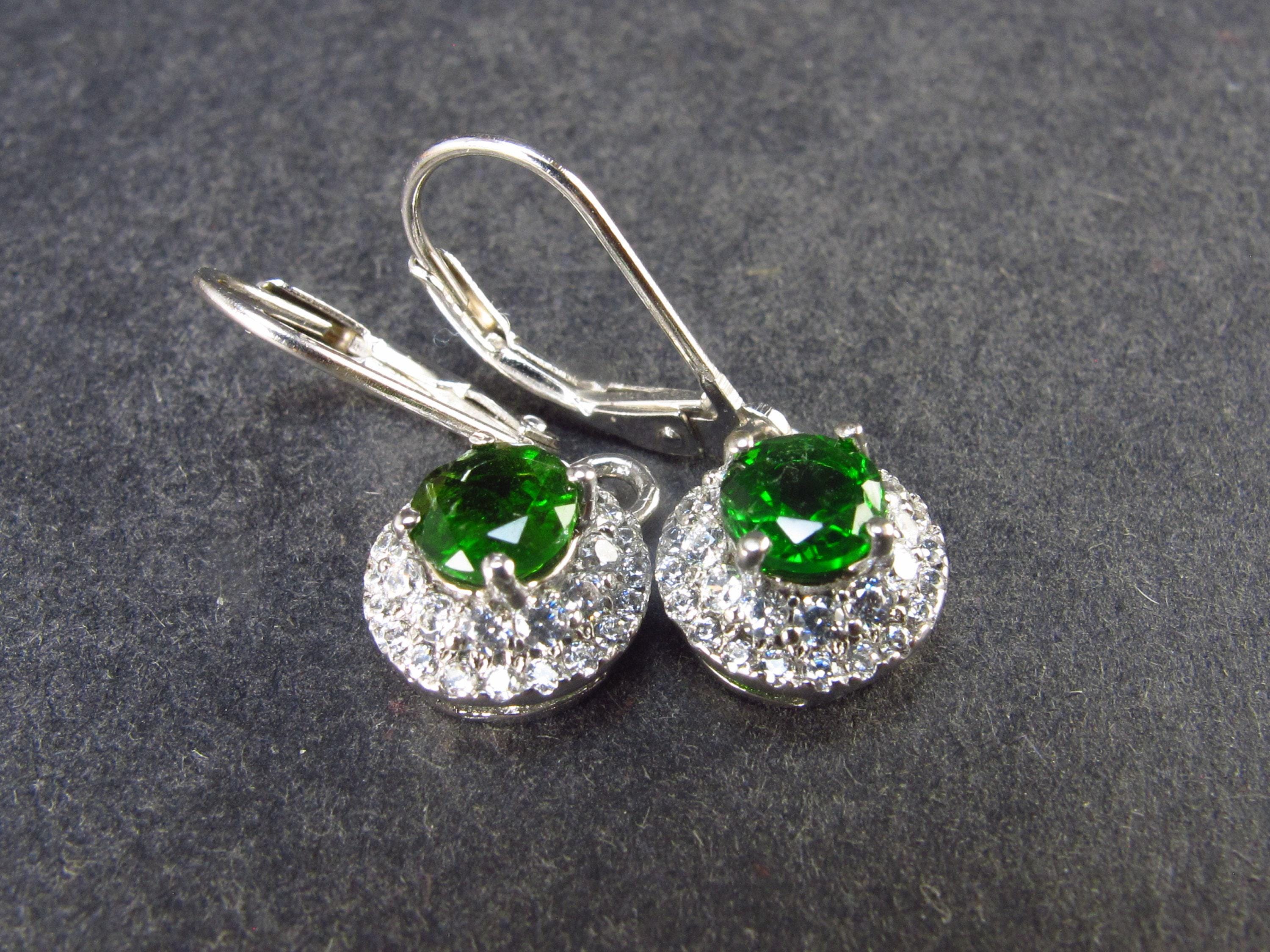 Natural Intense Forest Green Faceted Chrome Diopside Dangle 925 Silver Leverback Earrings From Russia - 1 Carat