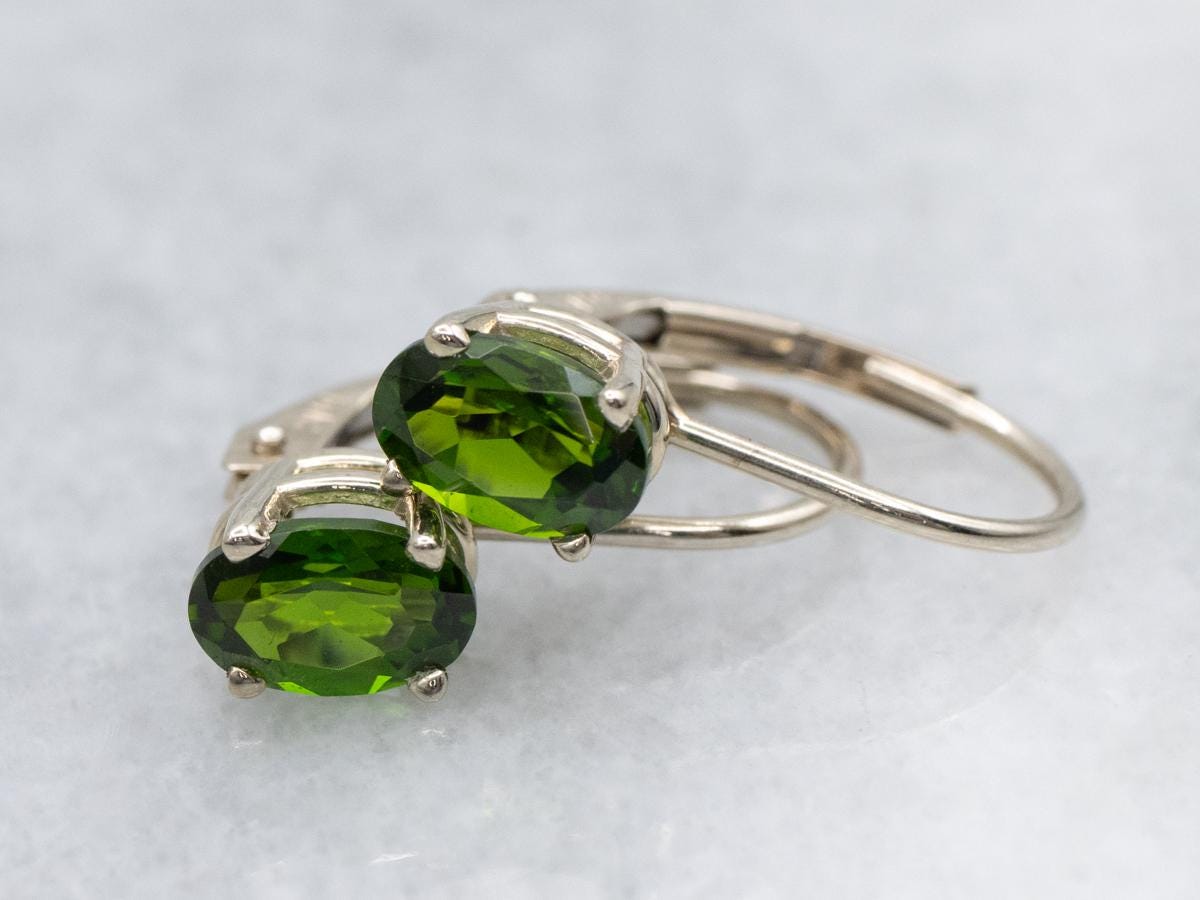 Oval-cut Diopside White Gold Gemstone Drop Earrings