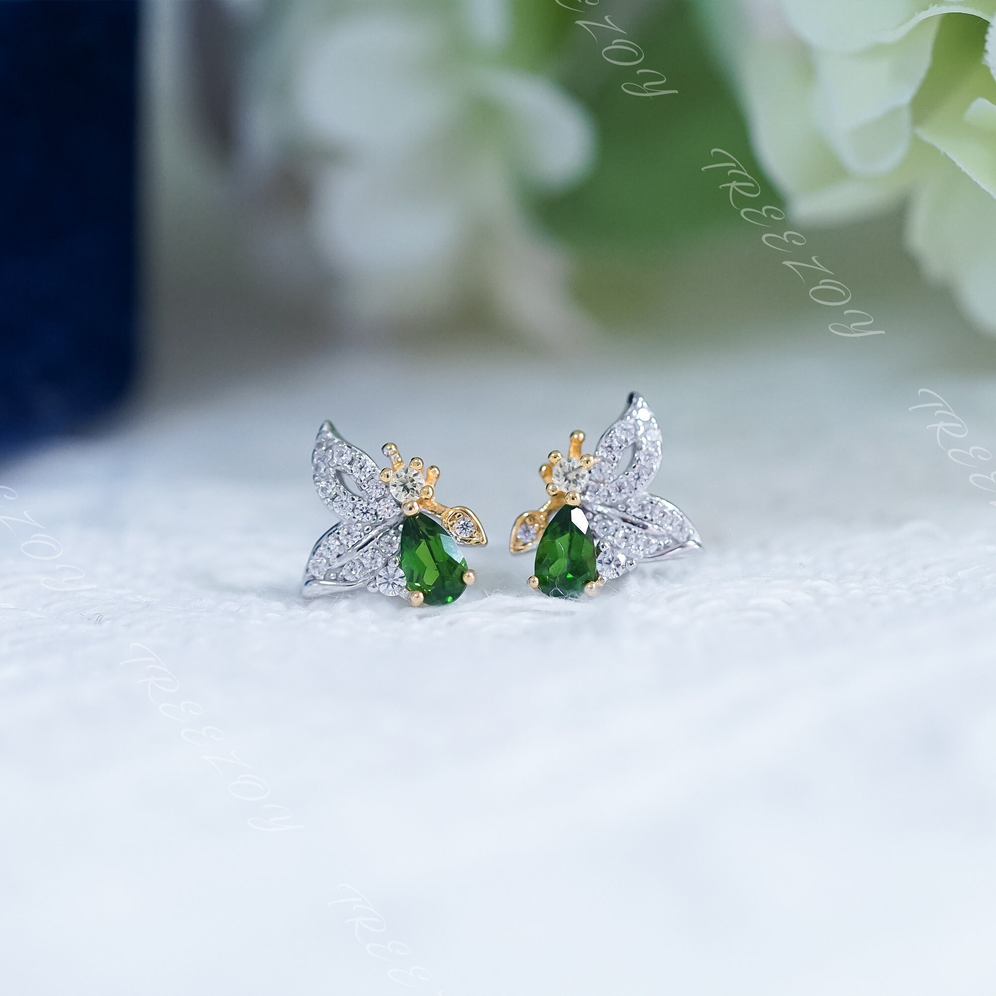 Pear Chrome Diopside Butterfly Earrings: Sterling Silver, Gold Accent