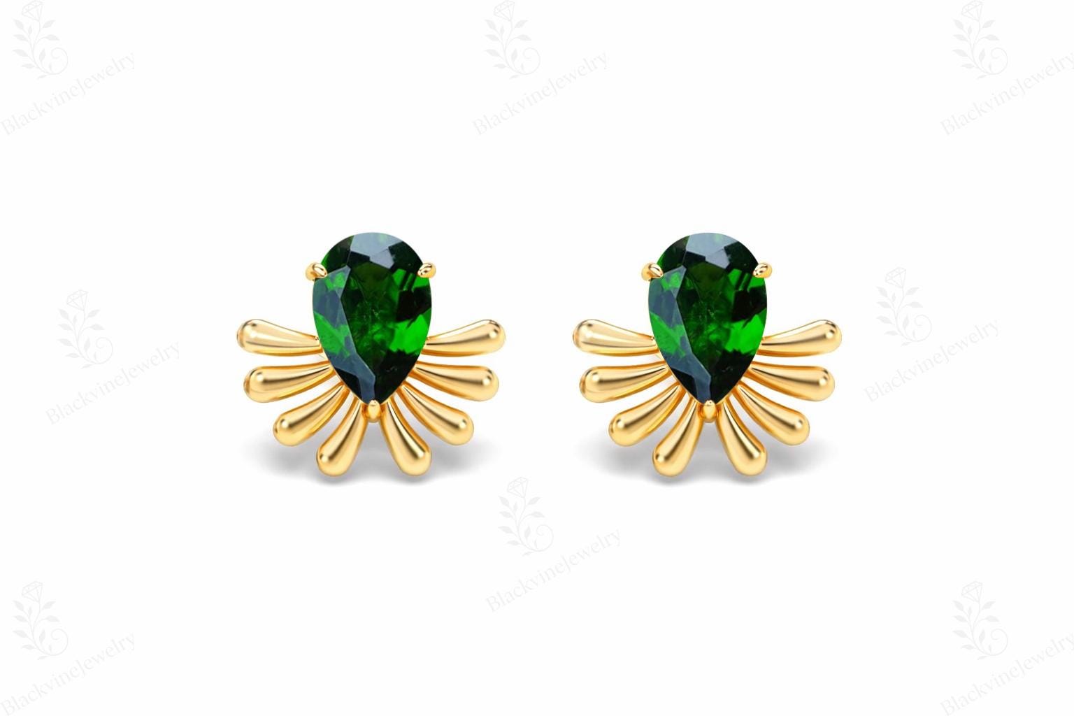 Pear Cut Chrome Diopside Earrings For Women Antique Style Studs 925 Sliver Diopside Studs Earrings Art Deco Diopside Minimalist Earrings