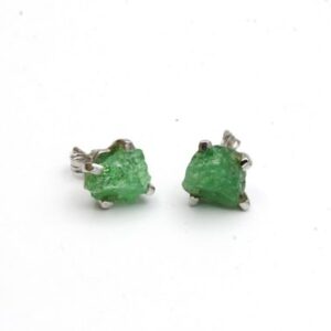 Raw Chrome Diopside Stud Earrings: Rhodium Sterling Silver, Green Crystal