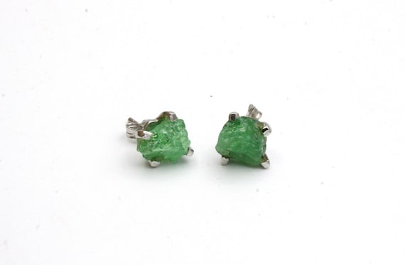 Raw Chrome Diopside Stud Earrings: Rhodium Sterling Silver, Green Crystal Raw Chrome Diopside Stud Earrings: Rhodium Sterling Silver, Green Crystal