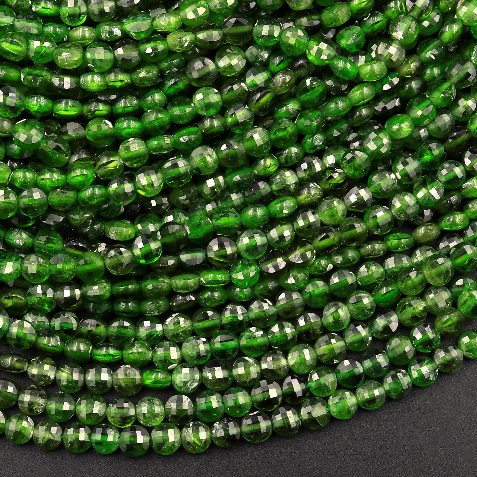 Real Genuine Natural Green Chrome Diopside Faceted 4mm Coin Gemstone Beads 15.5" Strand