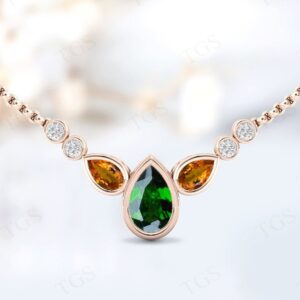 Art Deco Chrome Diopside Necklace For Women Rose Gold Multi Gemstone Necklace For Women Unique Pear Cut Chrome Diopside Wedding Necklace