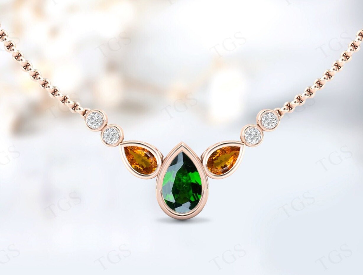 Art Deco Chrome Diopside Necklace For Women Rose Gold Multi Gemstone Necklace For Women Unique Pear Cut Chrome Diopside Wedding Necklace