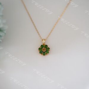 Genuine Diopside Necklace, 18K Gold Plated Sterling Silver Floral Pendant, Pear Green Gemstone Necklace