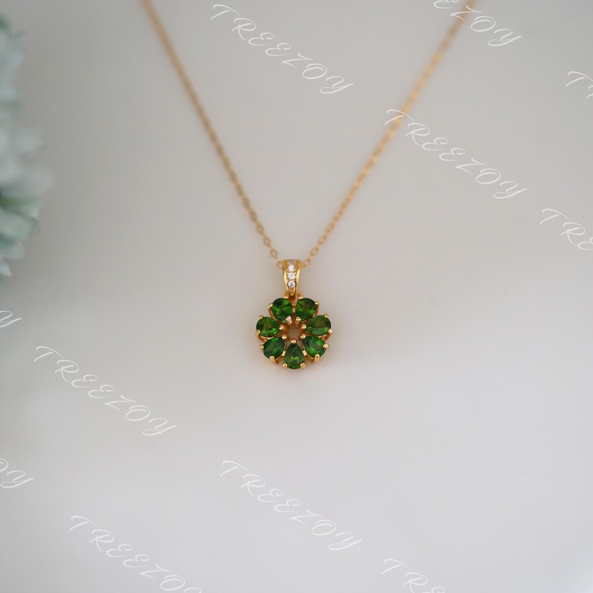 Genuine Diopside Necklace, 18k Gold Plated Sterling Silver Floral Pendant, Pear Green Gemstone Necklace