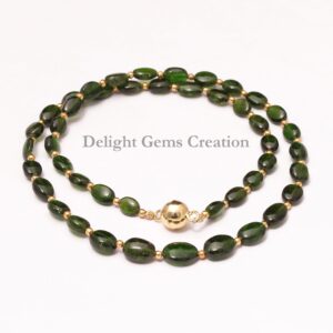 Natural Chrome Diopside Beaded Necklace, Smooth Oval Gemstone, Gold Vermeil Clasp