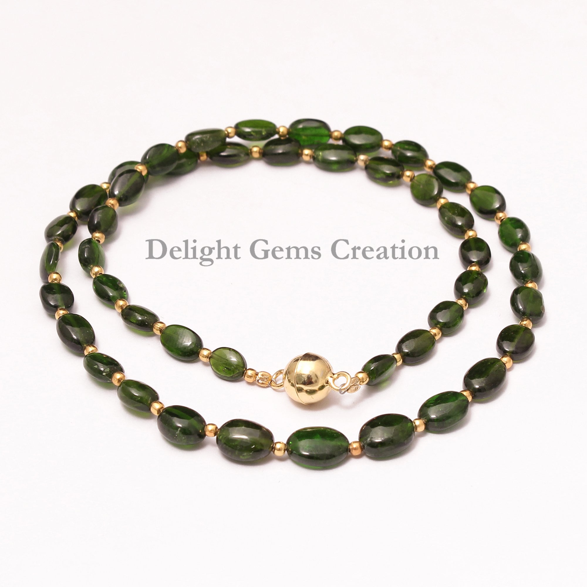 Natural Chrome Diopside Beaded Necklace, Smooth Oval Gemstone, Gold Vermeil Clasp