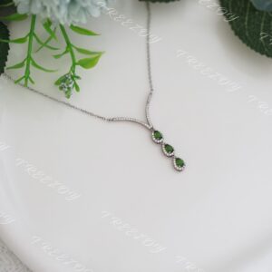 Pear Diopside V-Necklace: Sterling Silver Green Gemstone, Cubic Zirconia