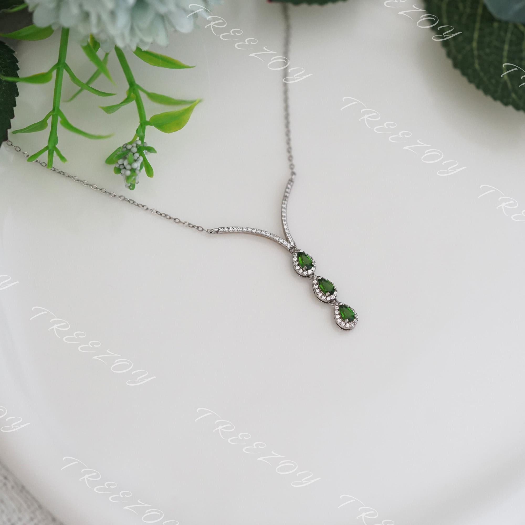 Pear Diopside V-necklace: Sterling Silver Green Gemstone, Cubic Zirconia