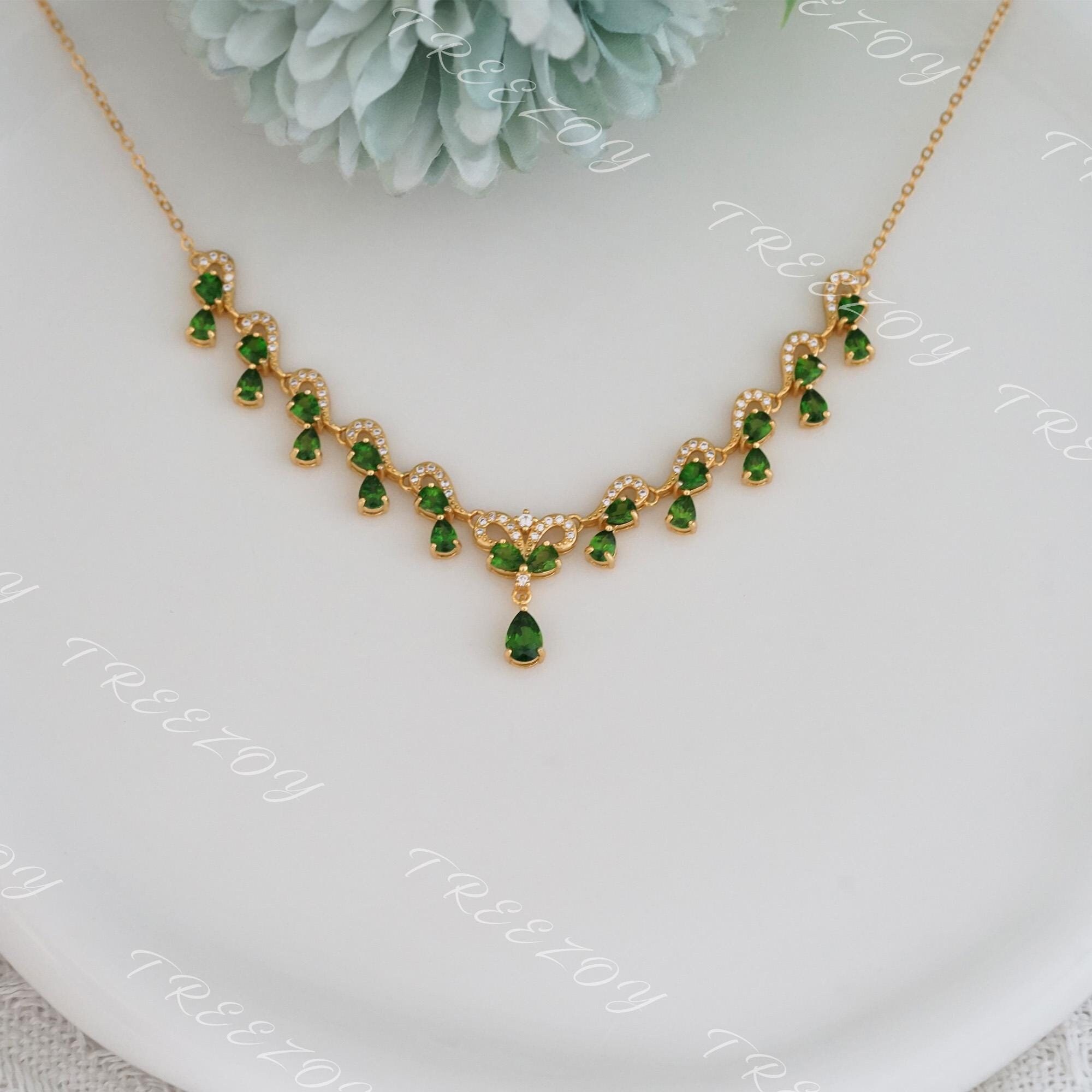 Genuine Diopside Choker, 18k Gold Plated Necklace, Pear Green Gemstone Necklaces, Gift For Woman